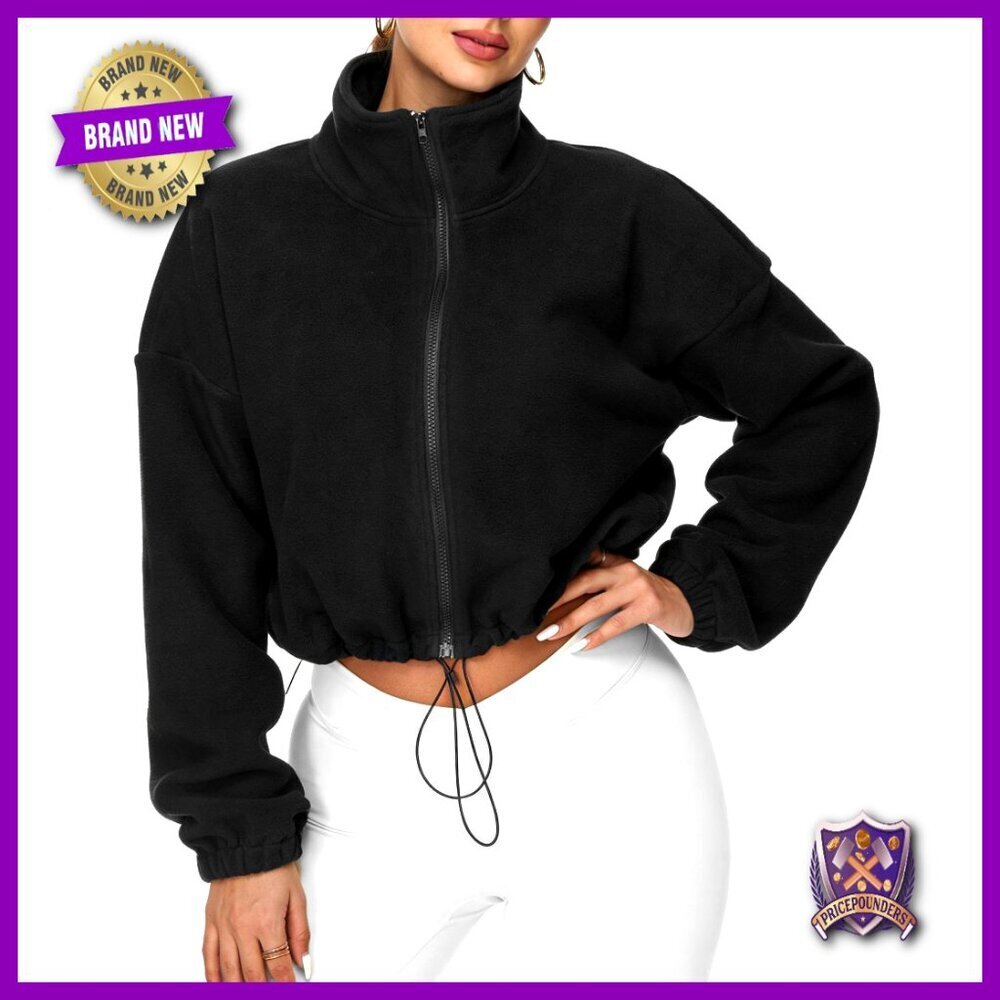 Cropped Fleece Jacket Full Zip Stand Collar Sherpa Coat Casual Chic Winter